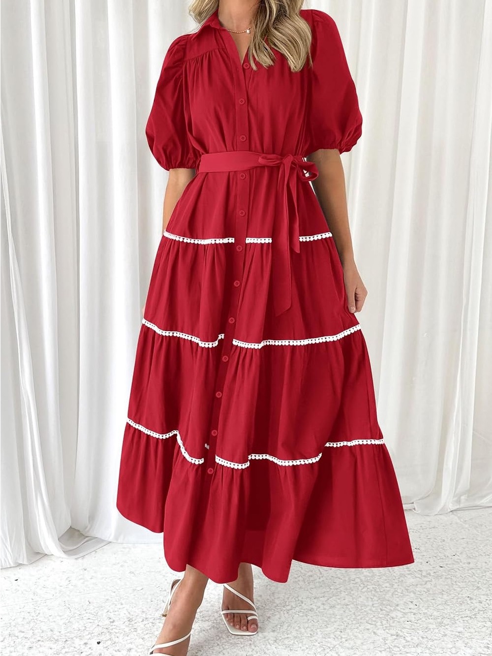 NWT PRETTYGARDEN Women's Summer Button Down Tiered Shirt Dress
with Belt